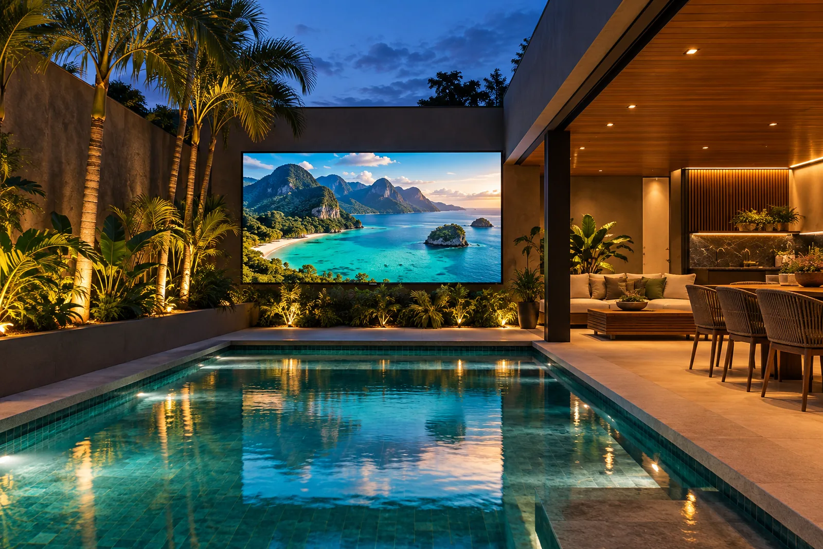 Painel de LED em conceito de área de lazer com piscina e espaço gourmet